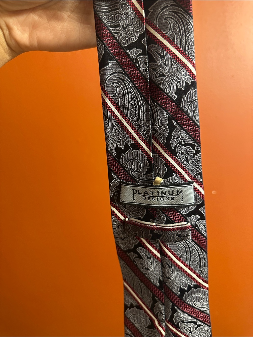 Men's Black and Burgundy Paisley Stripe Tie - Picture 2 of 3